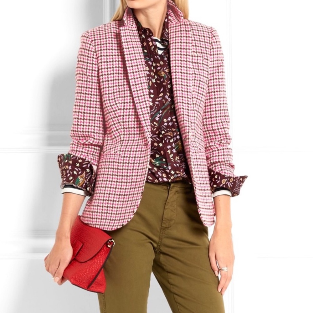 J. Crew Campbell Wool Houndstooth Plaid Single Breasted Blazer Jacket Pink Small